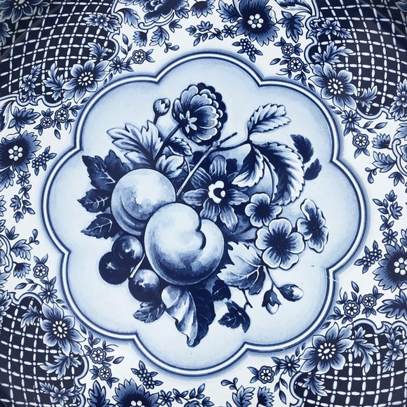 Daher Decorated Ware Round Metal Tray - Blue White Fruit Floral Made in England - Picture 4 of 12